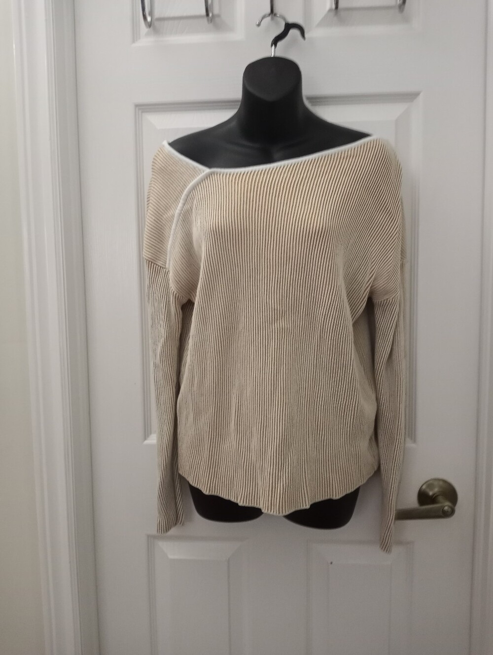 L K Jordan Beige Ribbed Off-Shoulder Women's Top
